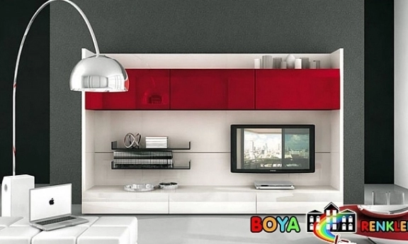Kırmızı Kombinasyonlu Modern TV-Duvar Ünitesi Tasarımları