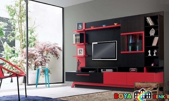 Kırmızı Kombinasyonlu Modern TV-Duvar Ünitesi Tasarımları