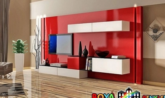 Kırmızı Kombinasyonlu Modern TV-Duvar Ünitesi Tasarımları