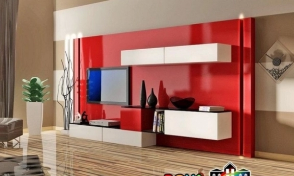 Kırmızı Kombinasyonlu Modern TV-Duvar Ünitesi Tasarımları